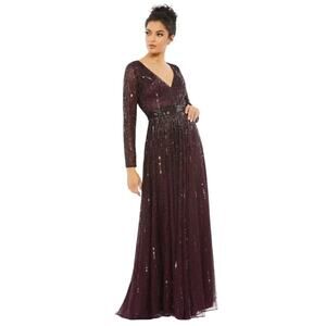 Mac Duggal 4977 Mulberry Sequined V Neck Illusion Sleeve A Line Gown Size 8 $598